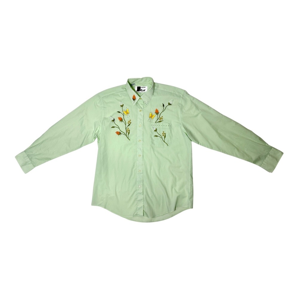 Vintage 70s Shipshe Embroidered Butterfly Floral Western Shirt Pale Green Large